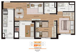 Planta 2 dormitórios, 60m²